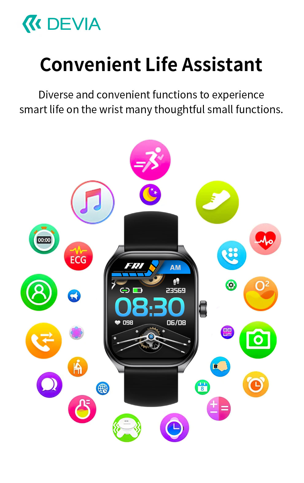 DEVIA WT4 Smart Watch, BTV5.3, Battery 300mAh