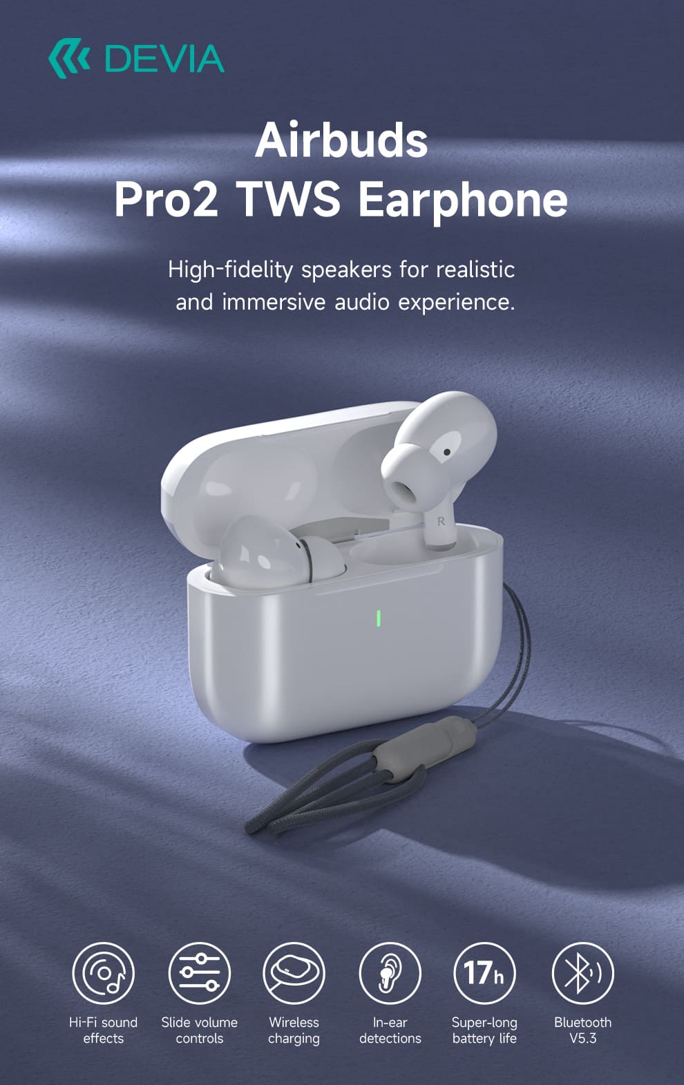 DEVIA Air buds Pro2 TWS Earphone, Full Function Version, Headset Battery 3.7V/35mAh
