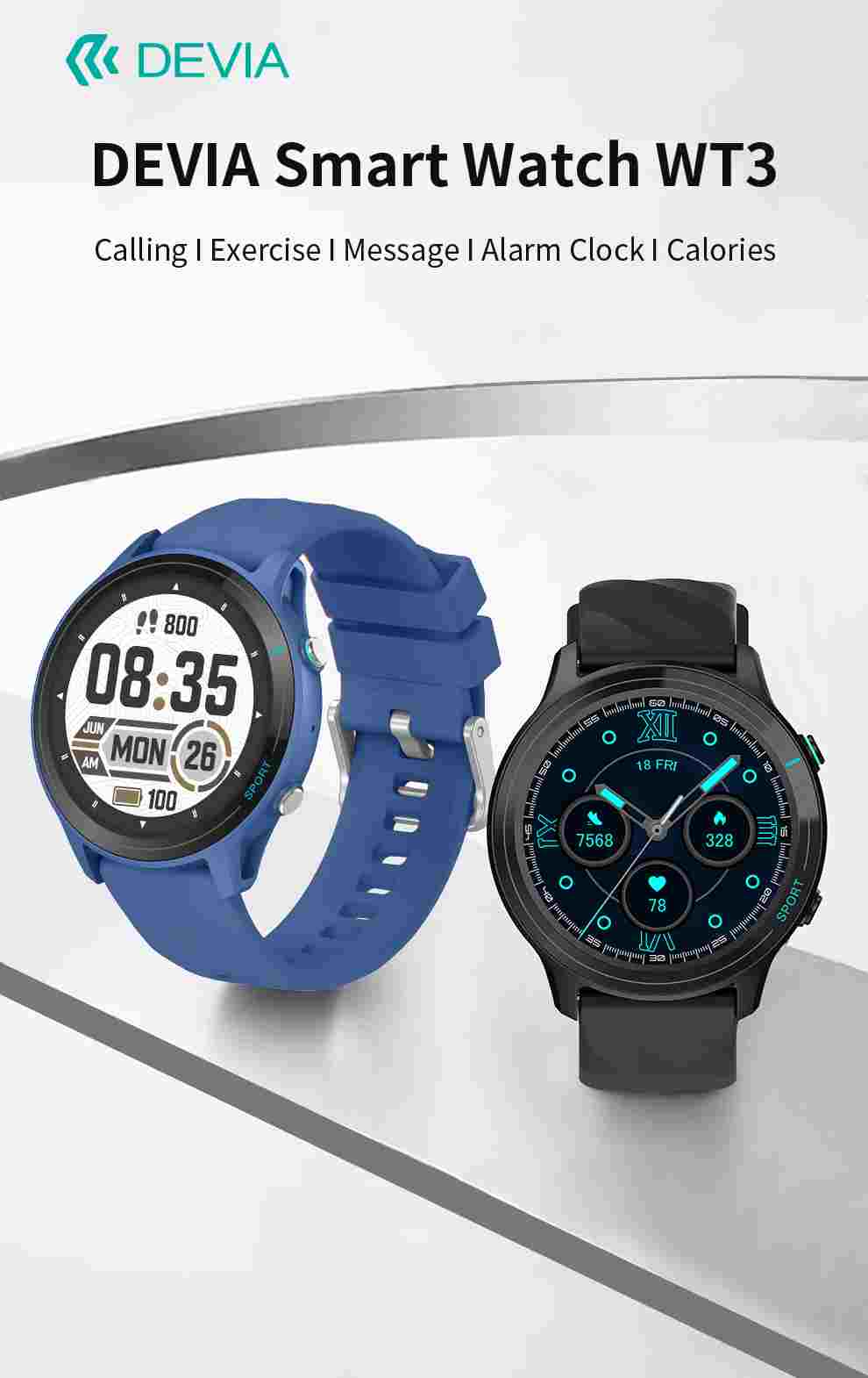 DEVIA WT3 Smart Watch, BTV5.3, Battery 390mAh
