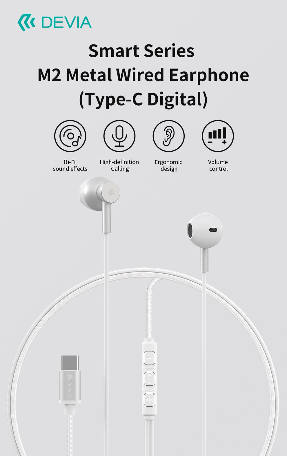 DEVIA Smart Series Metal Wired Earphone Half in-ear, Plug USB-C