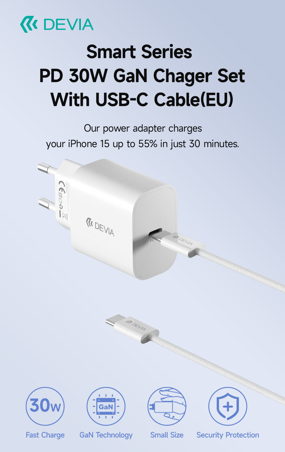 شاحن جان DEVIA الذكي PD بقوة 30 واط مع كابل USB-C