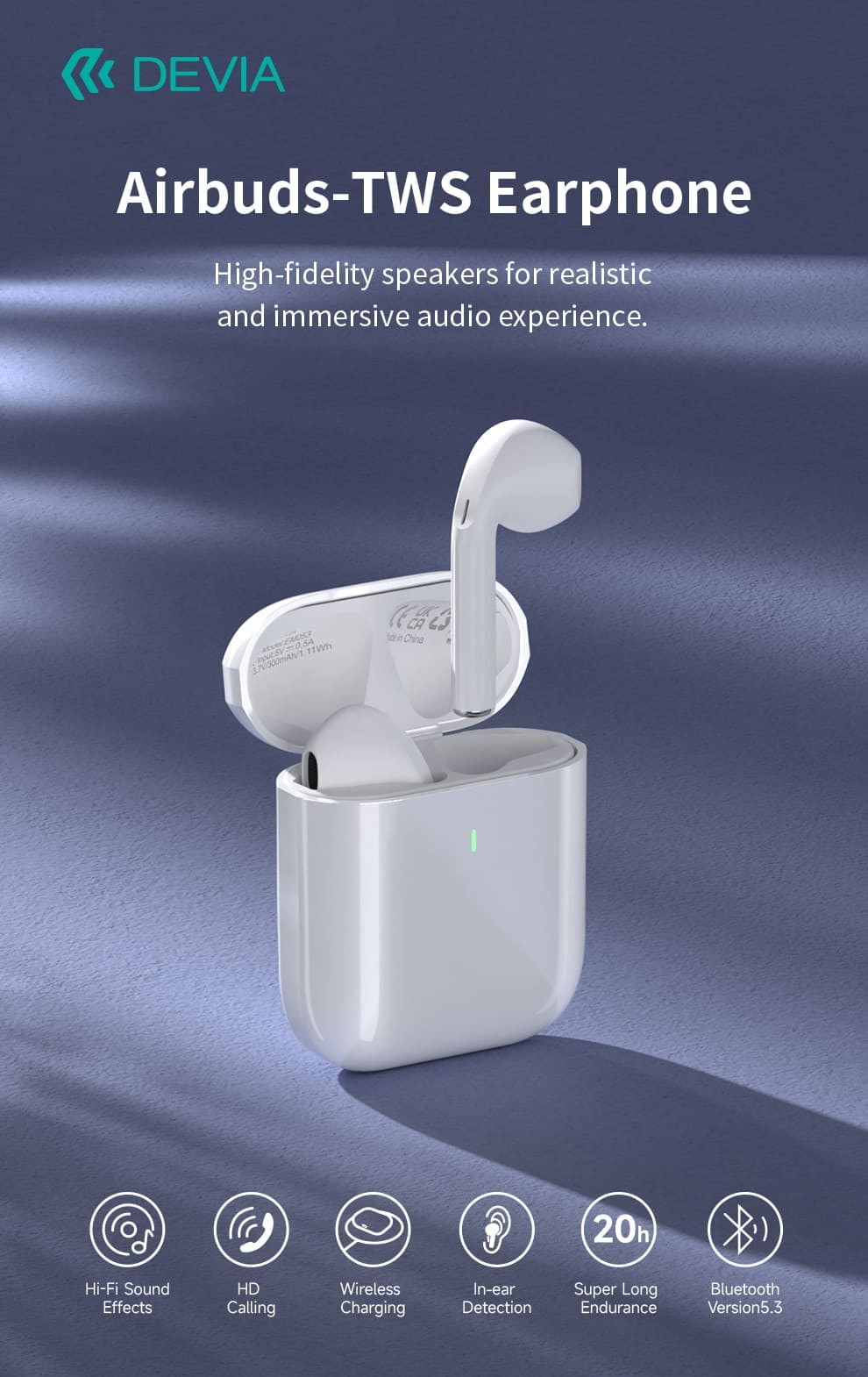 DEVIA Air buds-TWS Earphone, Full Function Version, Headset Battery 3.7V/30mAh