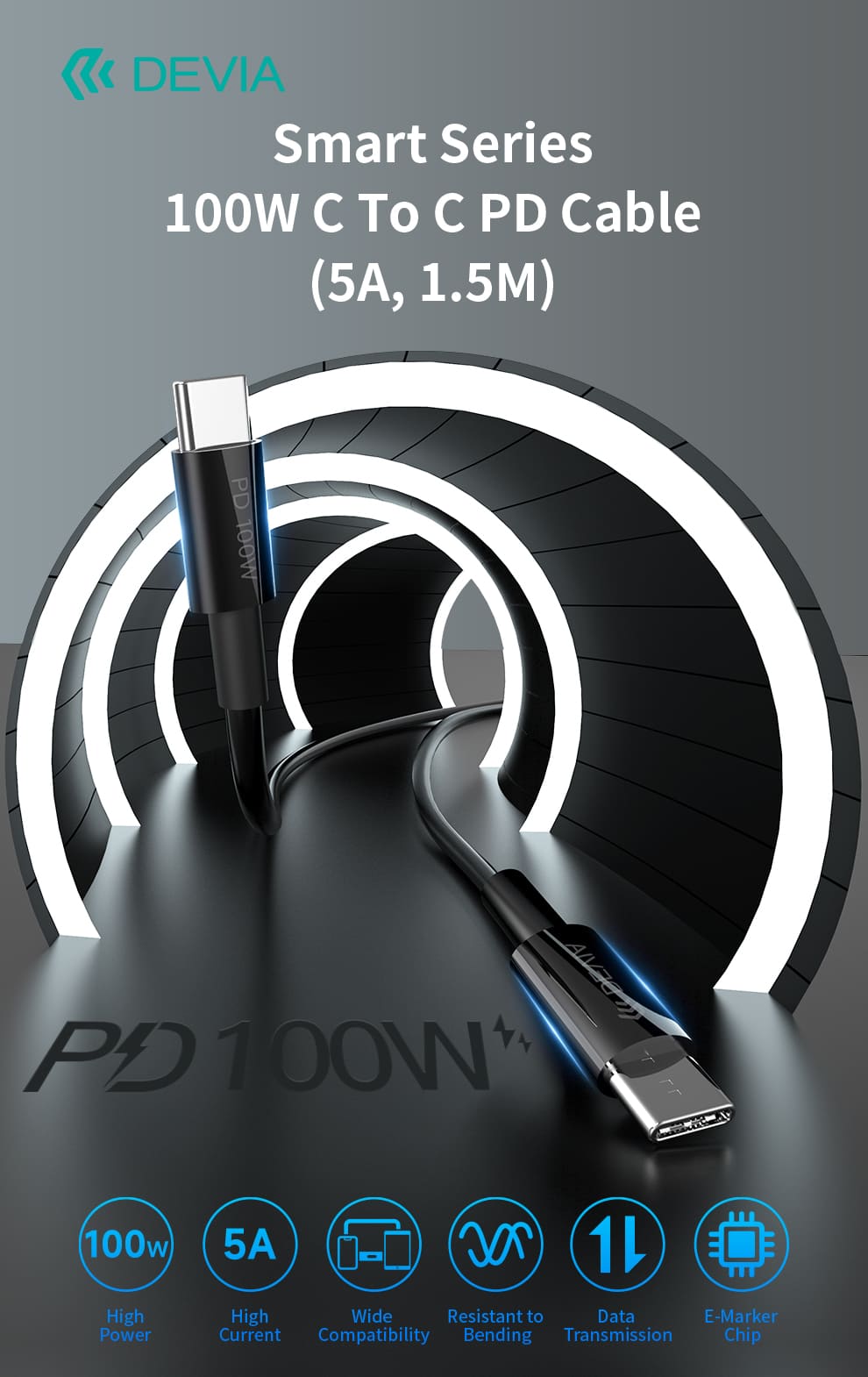 DEVIA EC317 Smart Series PD Cable, 100W, Type-C To Type-C