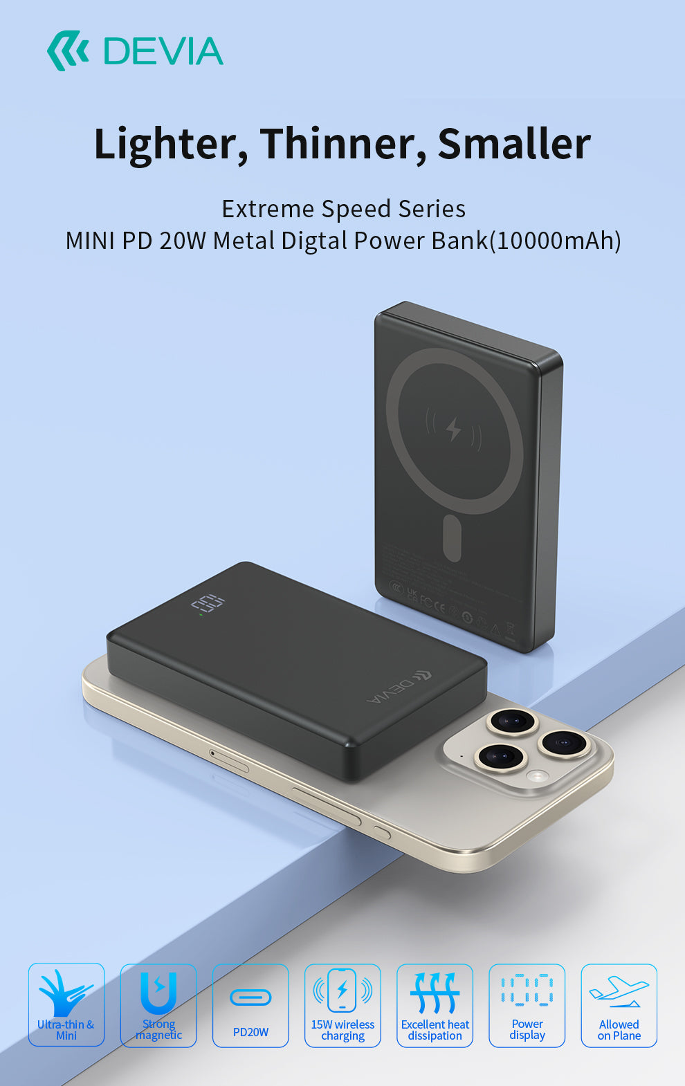 DEVIA Extreme Speed Series Digital Ultra-thinness Power Bank PD 20W 10,000 mAh Space Gray