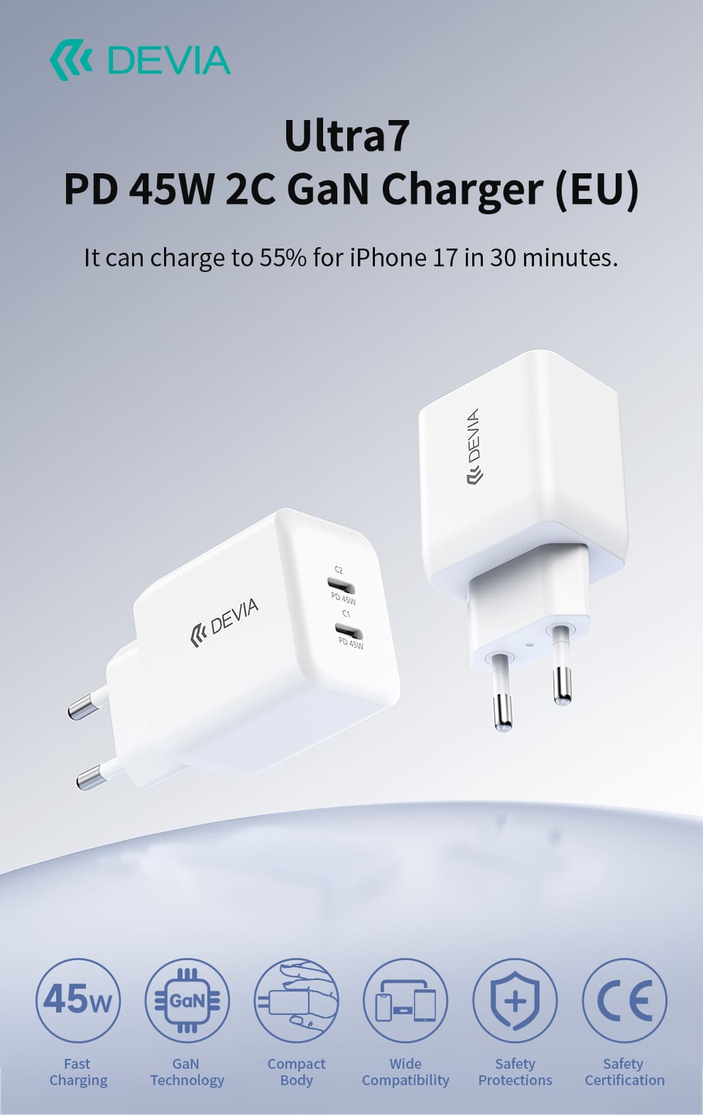 DEVIA Extreme Speed Series PD 45W 2C Quick Charger Set UK,GaN-015B