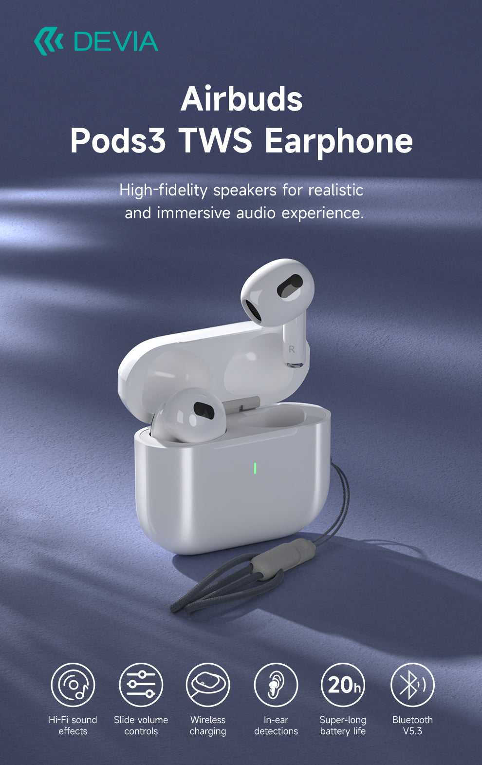 DEVIA Air buds Pods3 TWS Earphone, Full Function Version, Headset Battery 3.7V/35mAh