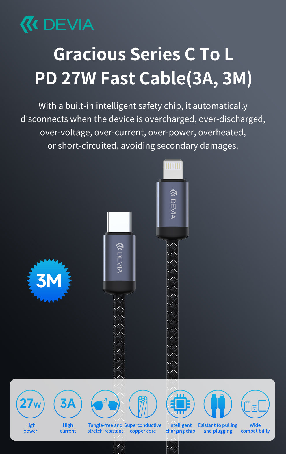 DEVIA Gracious Series USB-C to Lightning 27W Fast Cable 3A, 3M - Black    EC645