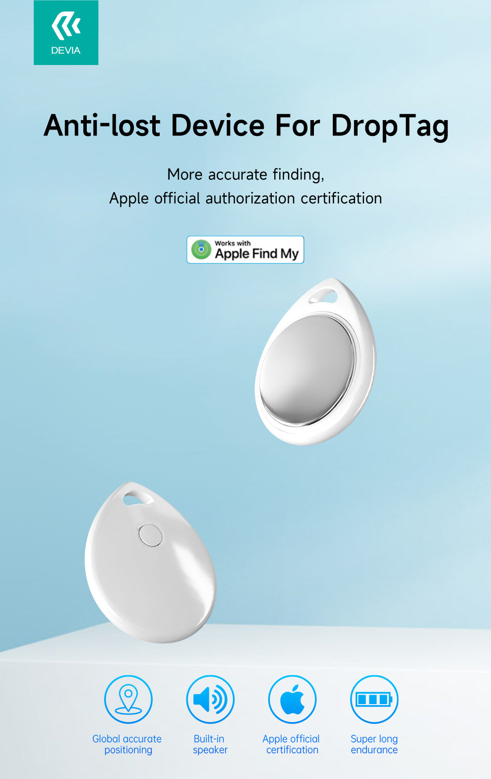 DEVIA Lite Tag Global positioning, One-click call, Apple certification, Long battery life, Multi-device universal, Life waterproof, ABS Material,G2302