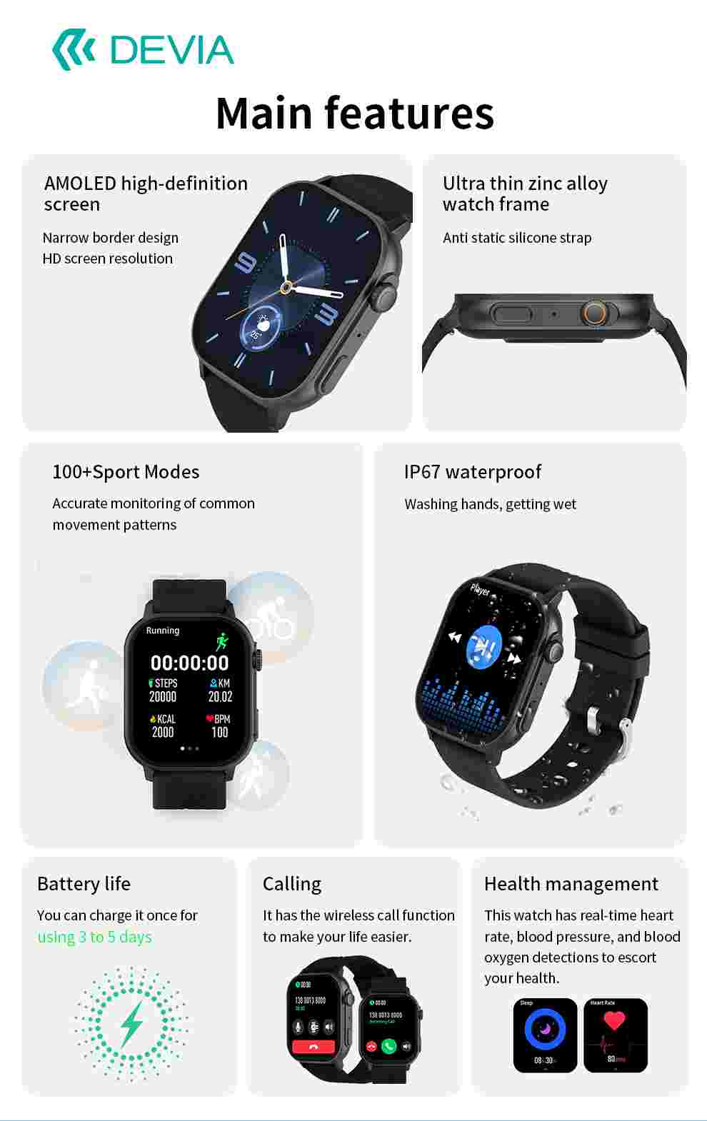 DEVIA Pro2 Smart Watch, Silver