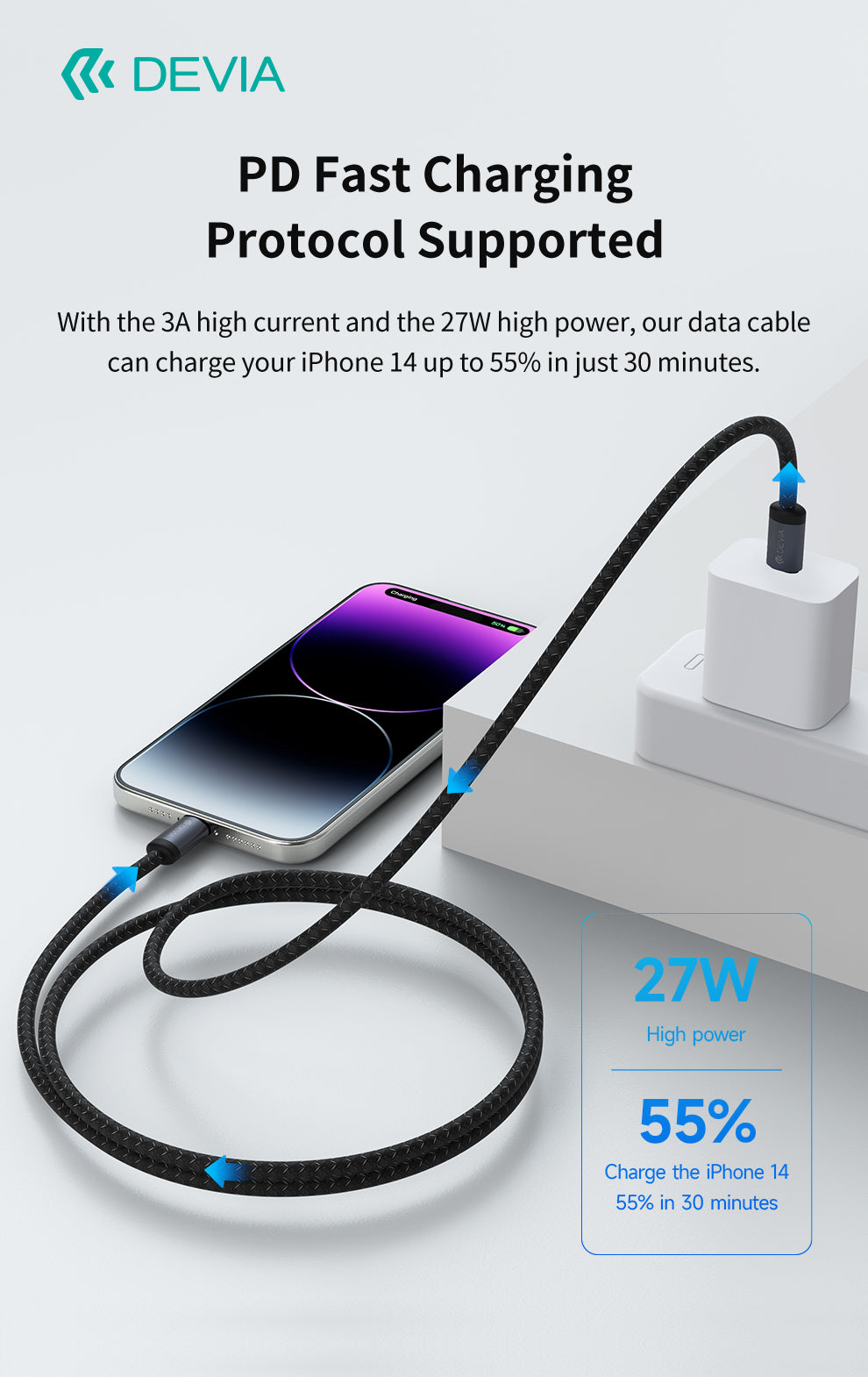 DEVIA Gracious Series USB-C to Lightning 27W Fast Cable 3A, 3M - Black    EC645