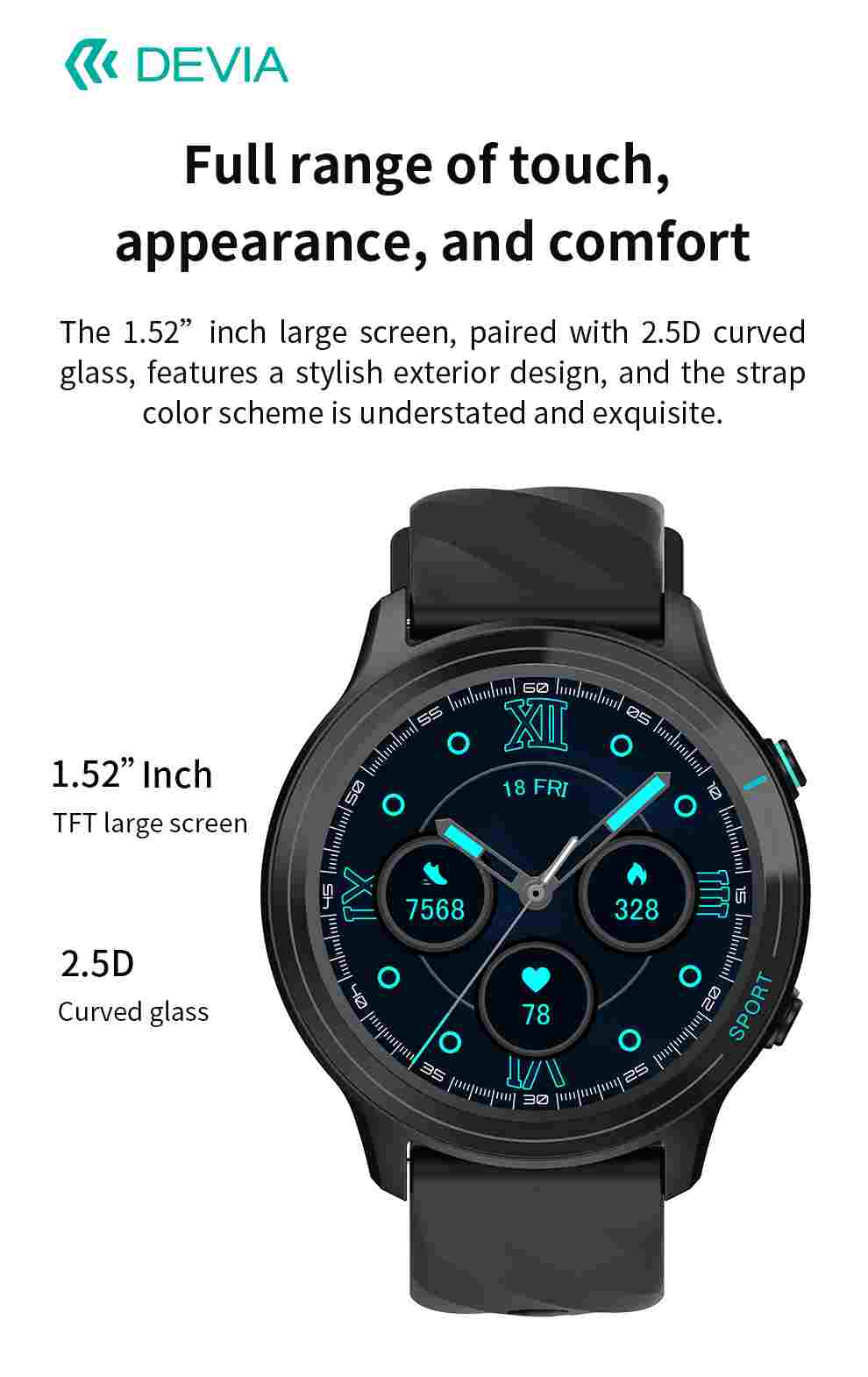 DEVIA WT3 Smart Watch, BTV5.3, Battery 390mAh