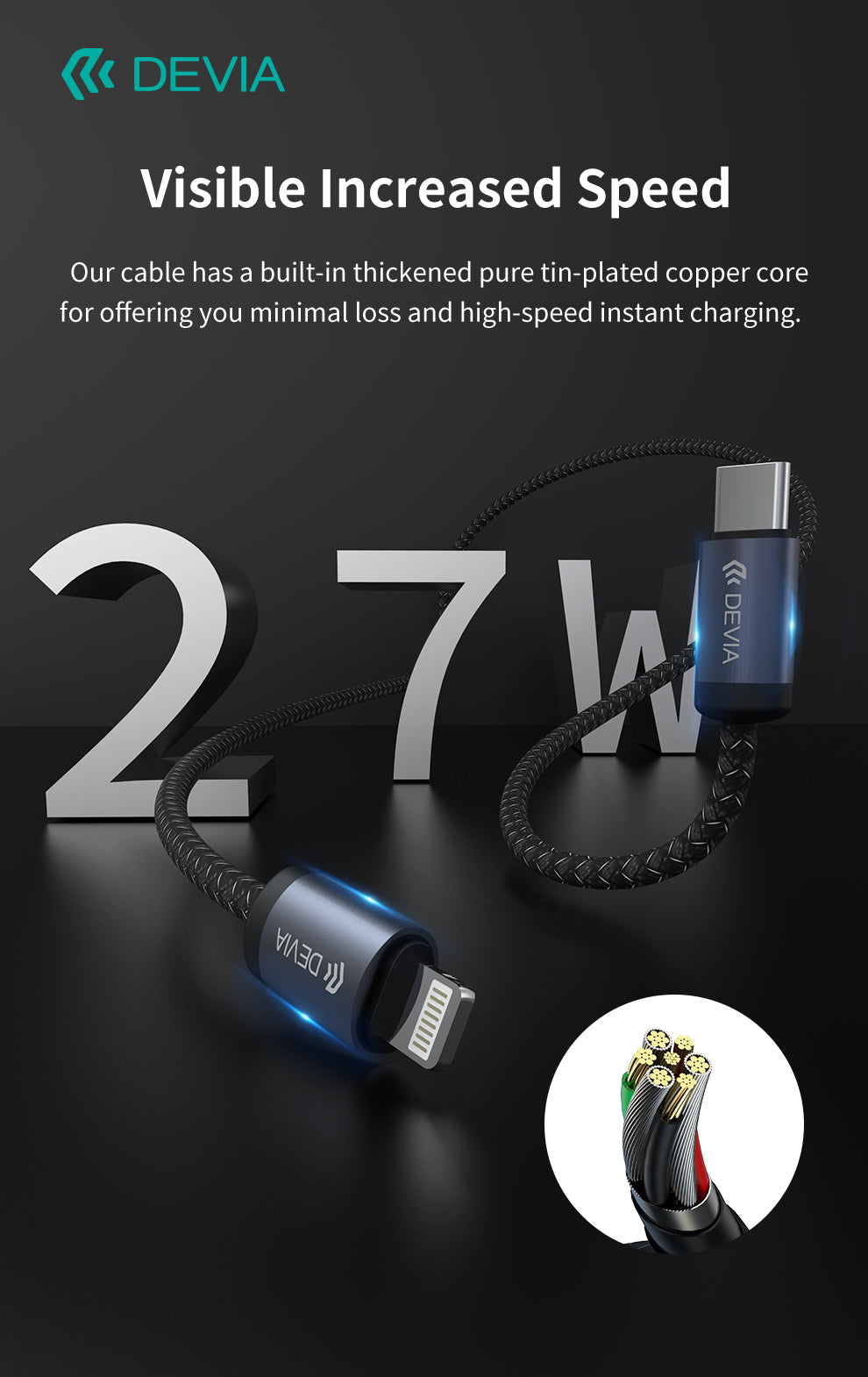 DEVIA Gracious Series USB-C to Lightning 27W Fast Cable 3A, 3M - Black    EC645