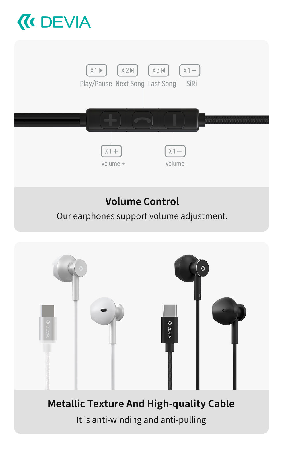 DEVIA Smart Series Metal Wired Earphone Half in-ear, Plug USB-C