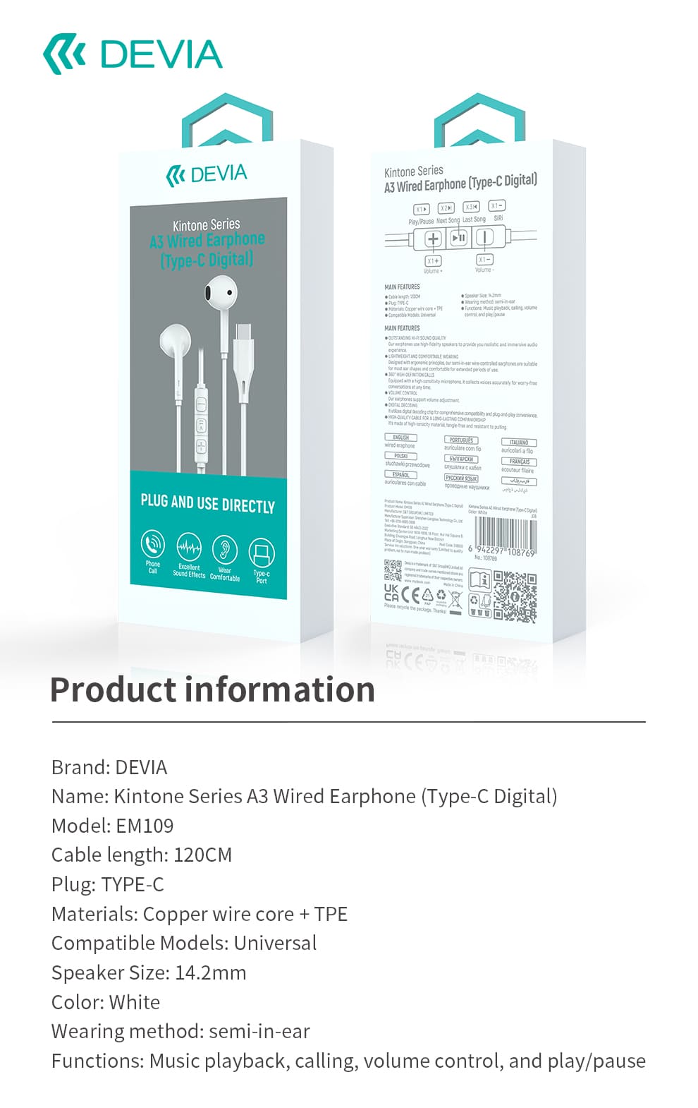 DEVIA Kintone Series Wired Earphone with Type-C Digital
