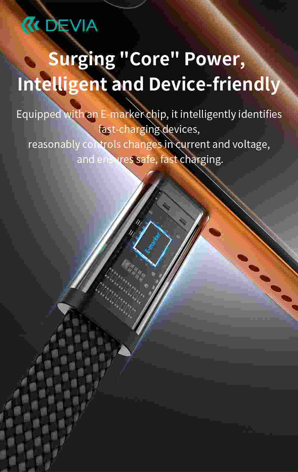 DEVIA Ultra3 PD 240W Cable USB-C to USB-C, Metal Woven Flat Fast Charging, 1.5M - Orange   EC664