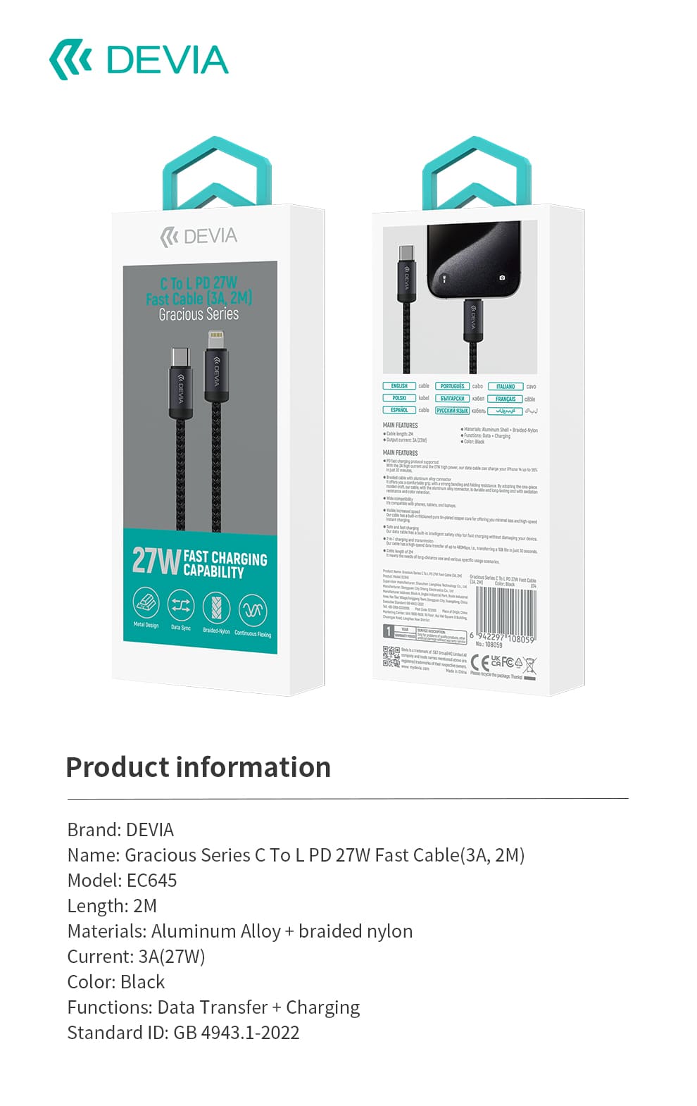 DEVIA Smart Series PD Type-C to Lightning 27WCable