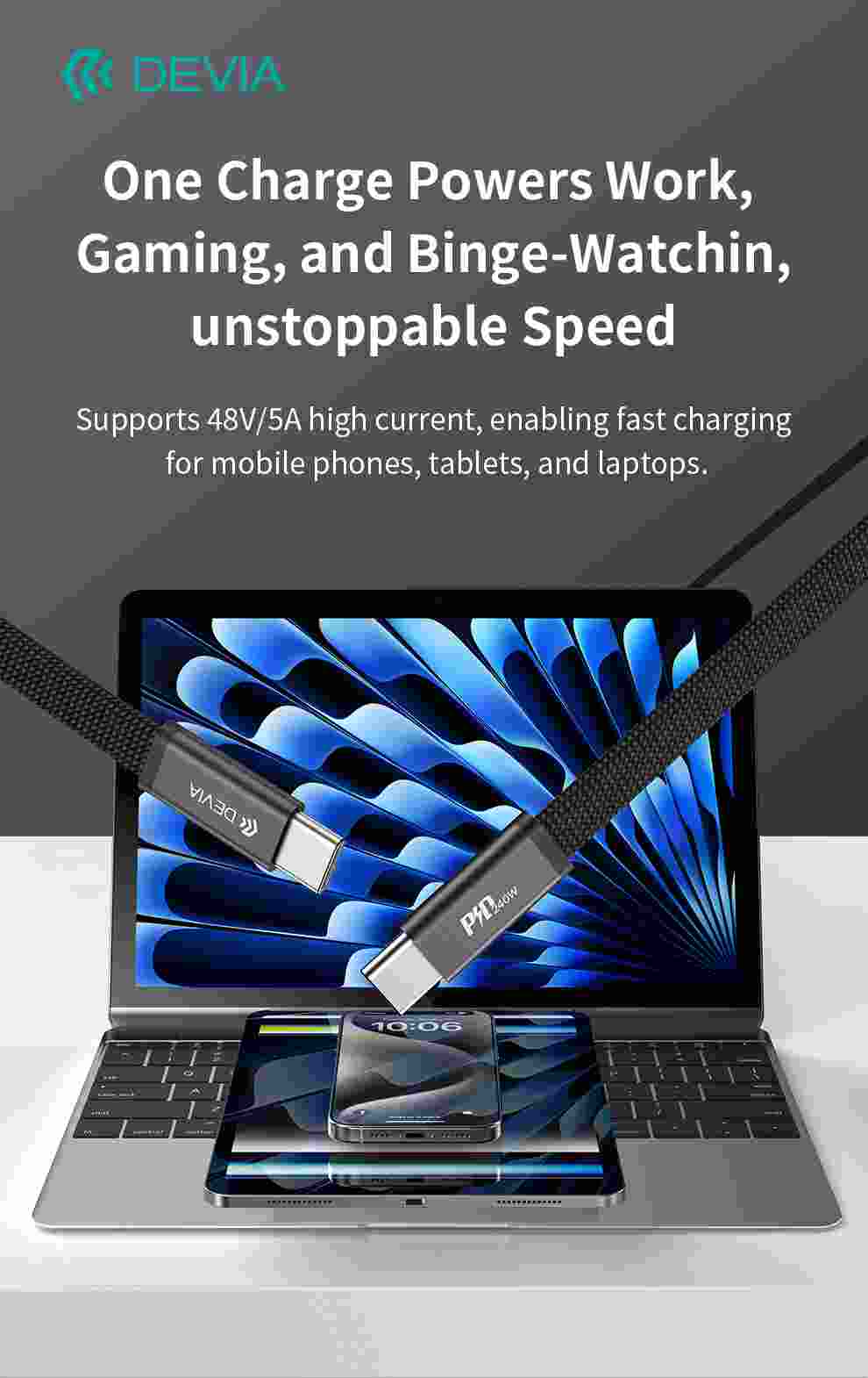 DEVIA Ultra3 PD 240W Cable USB-C to USB-C, Metal Woven Flat Fast Charging, 1.5M - Orange   EC664