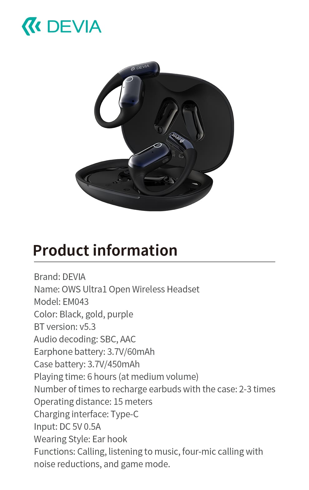 DEVIA OWS Ultra1 Open Wireless Earphone, BTV 5.3, Earphone 3.7V/60mAh