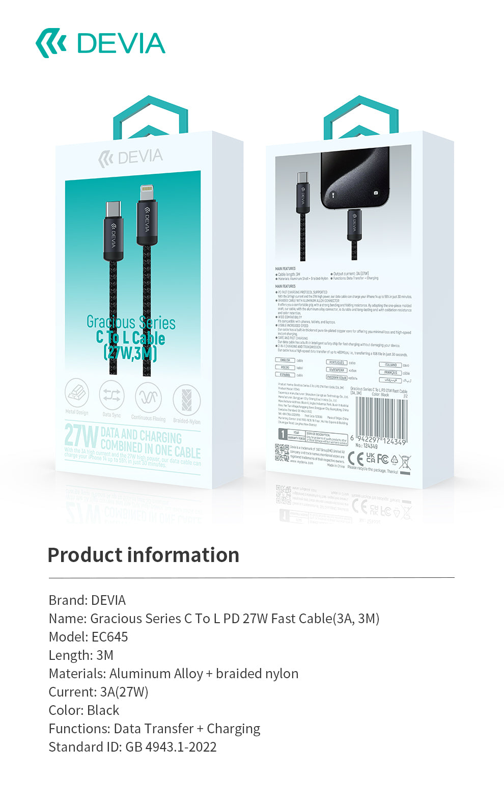DEVIA Gracious Series USB-C to Lightning 27W Fast Cable 3A, 3M - Black    EC645