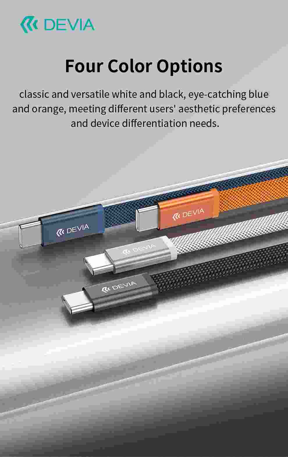 DEVIA Ultra3 PD 240W Cable USB-C to USB-C, Metal Woven Flat Fast Charging, 1.5M - Orange   EC664