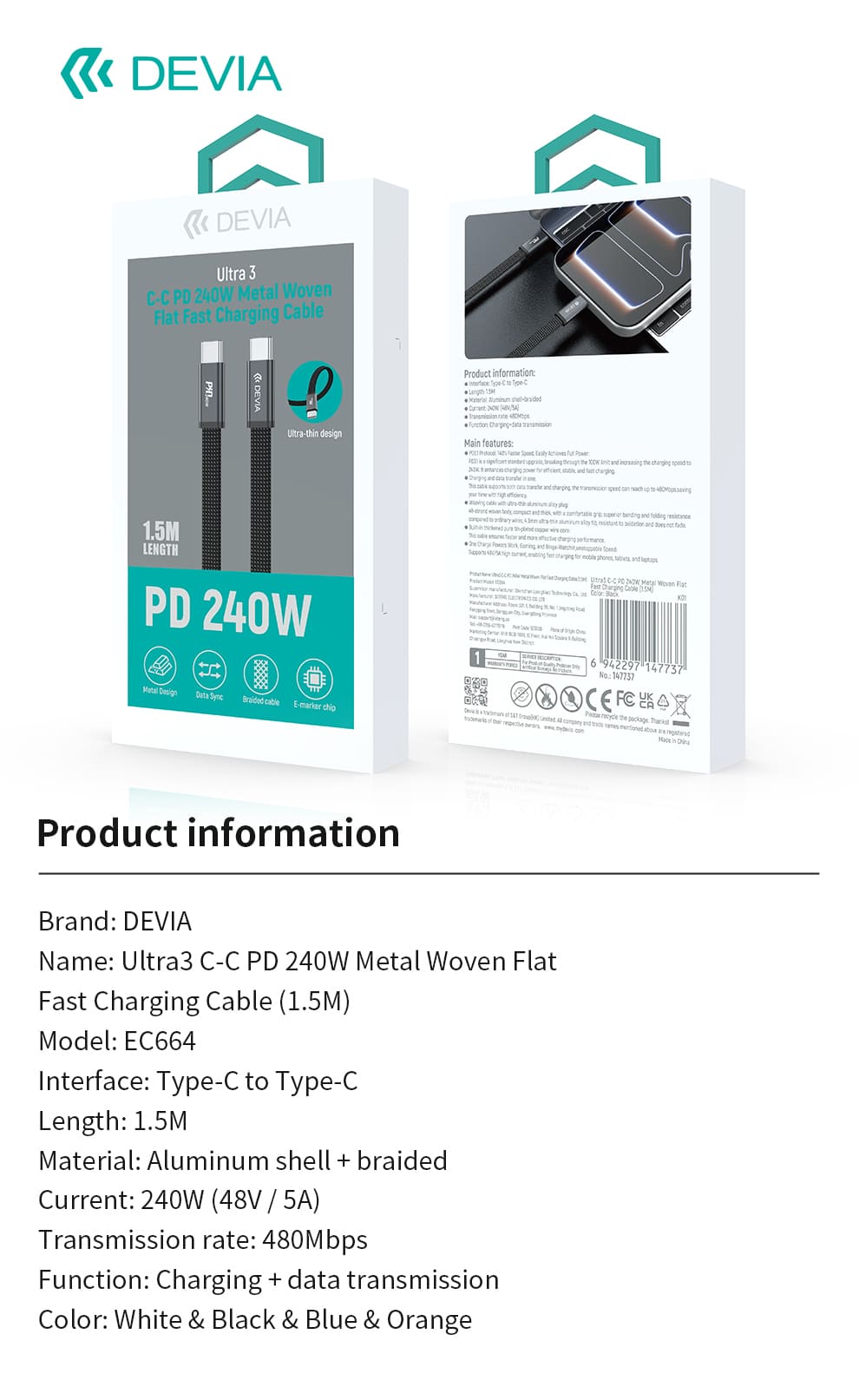 DEVIA Ultra3 PD 240W Cable USB-C to USB-C