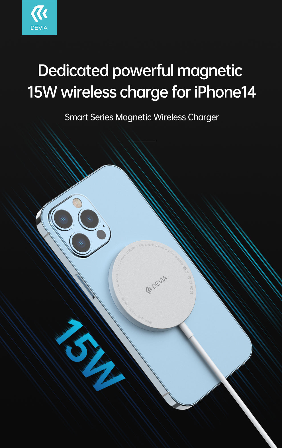 DEVIA EA239 smart series magnetic wireless charger for iPhone 12 and other device which support Qi  protocol, Wireless charging power 5W/7.5W/15W, Material: ABS+PC+ silica gel + aluminum alloy