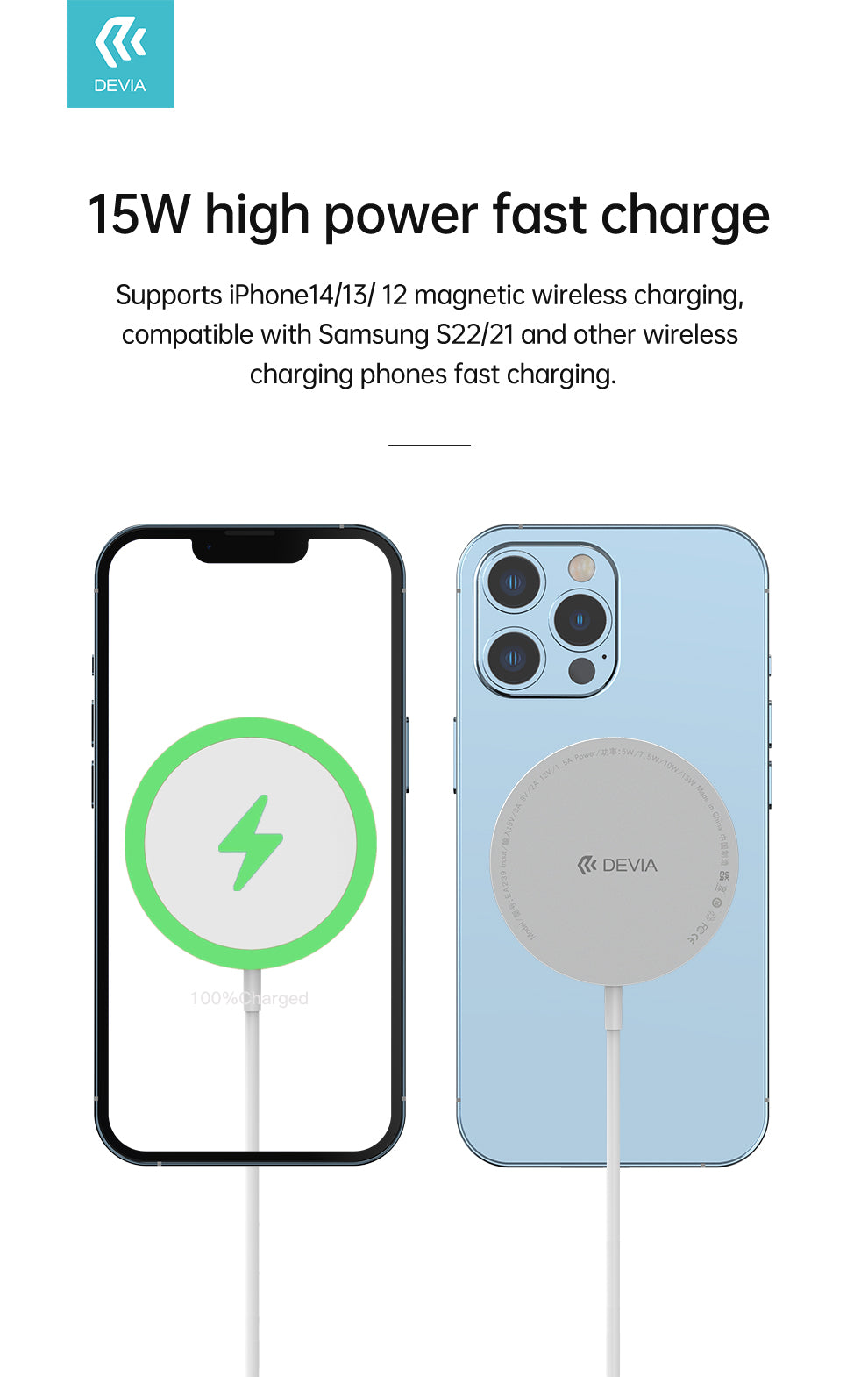 DEVIA EA239 smart series magnetic wireless charger for iPhone 12 and other device which support Qi  protocol, Wireless charging power 5W/7.5W/15W, Material: ABS+PC+ silica gel + aluminum alloy