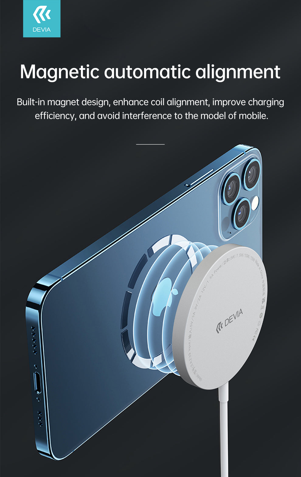 DEVIA EA239 smart series magnetic wireless charger for iPhone 12 and other device which support Qi  protocol, Wireless charging power 5W/7.5W/15W, Material: ABS+PC+ silica gel + aluminum alloy