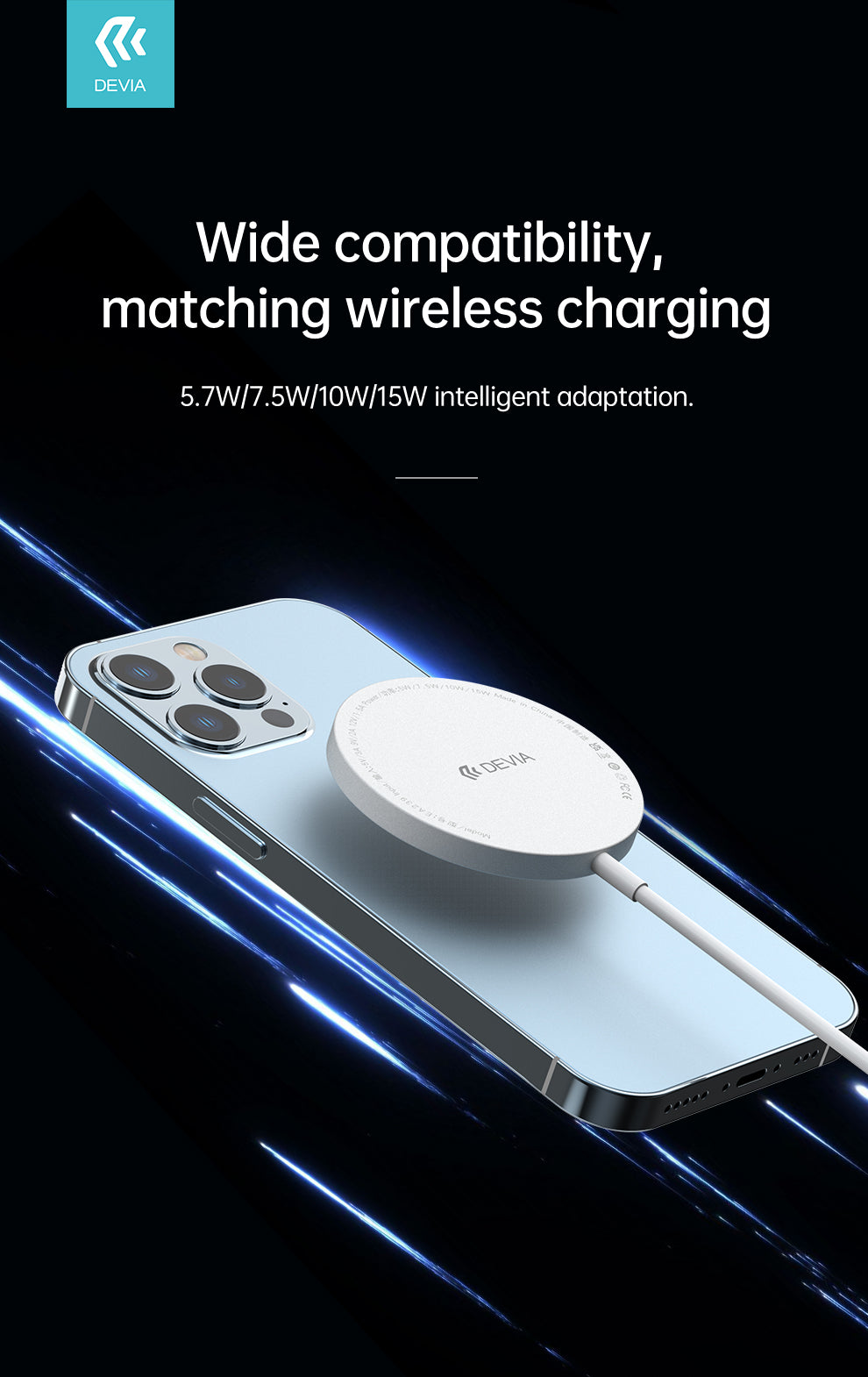 DEVIA EA239 smart series magnetic wireless charger for iPhone 12 and other device which support Qi  protocol, Wireless charging power 5W/7.5W/15W, Material: ABS+PC+ silica gel + aluminum alloy