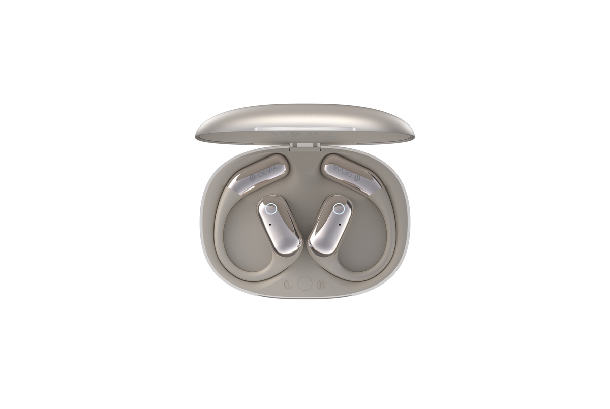 DEVIA OWS Ultra1 Open Wireless Earphone, BTV 5.3, Earphone 3.7V/60mAh, Case 3.7V/450mAh, Playing time 6hrs, Type-C Charging interface, EM043, Gold