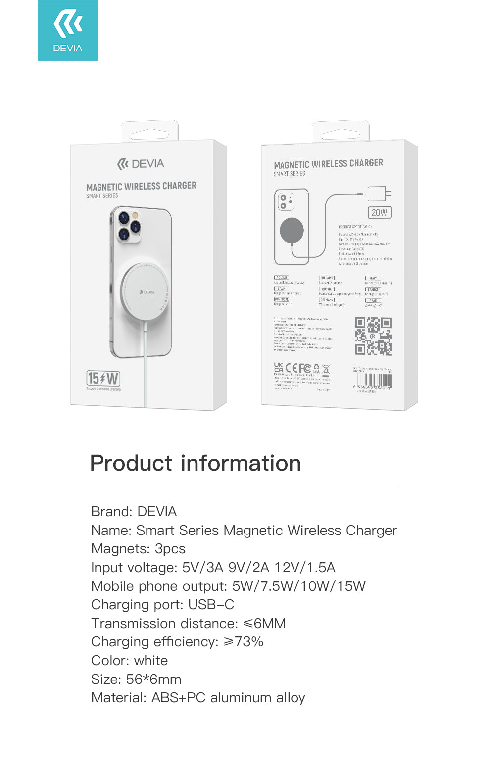 DEVIA EA239 smart series magnetic wireless charger for iPhone 12 and other device which support Qi  protocol, Wireless charging power 5W/7.5W/15W, Material: ABS+PC+ silica gel + aluminum alloy