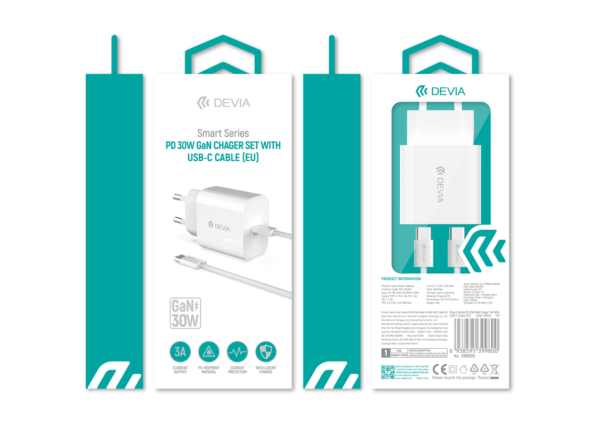 شاحن جان DEVIA الذكي PD بقوة 30 واط مع كابل USB-C
