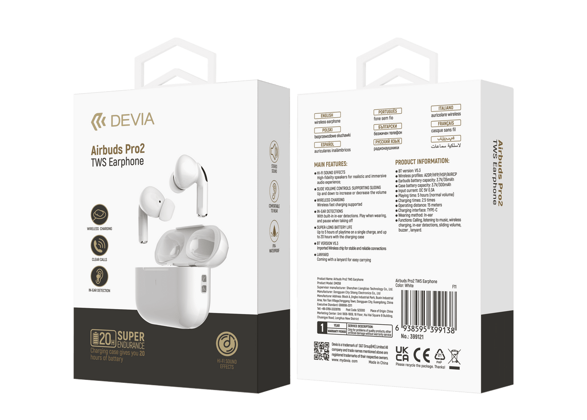 DEVIA Air buds Pro2 TWS Earphone, Full Function Version, Headset Battery 3.7V/35mAh