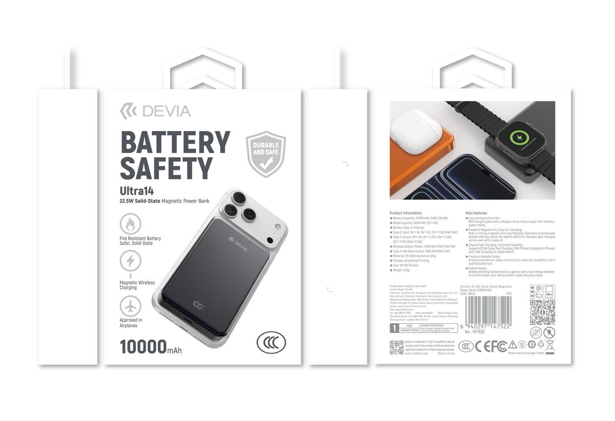 DEVIA Ultra14 22.5W Solid-State Magnetic Power Bank 10000mAh, Orange