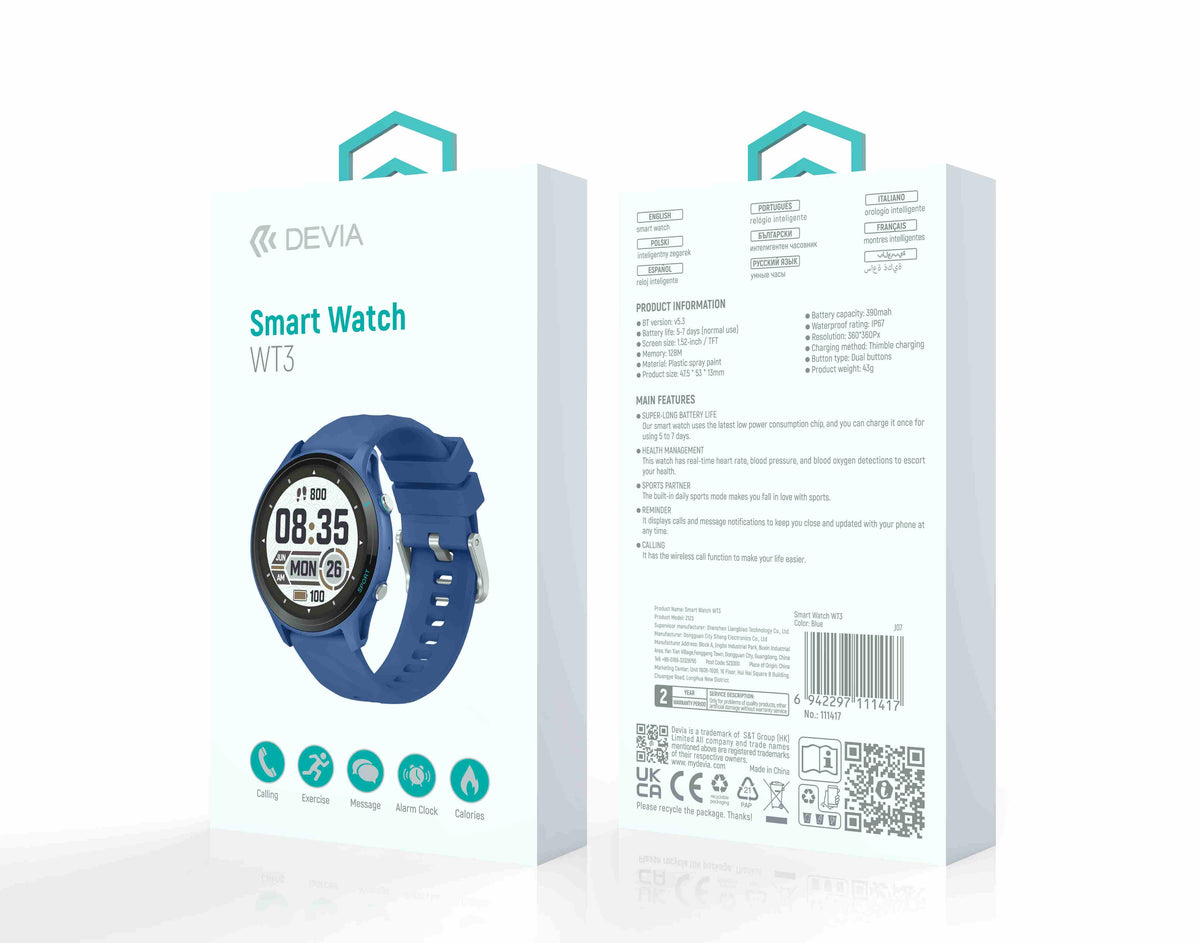DEVIA WT3 Smart Watch, BTV5.3, Battery 390mAh