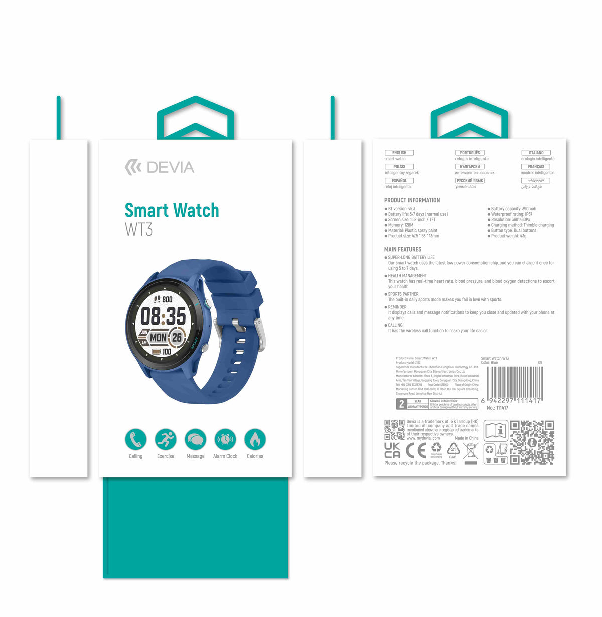 DEVIA WT3 Smart Watch, BTV5.3, Battery 390mAh
